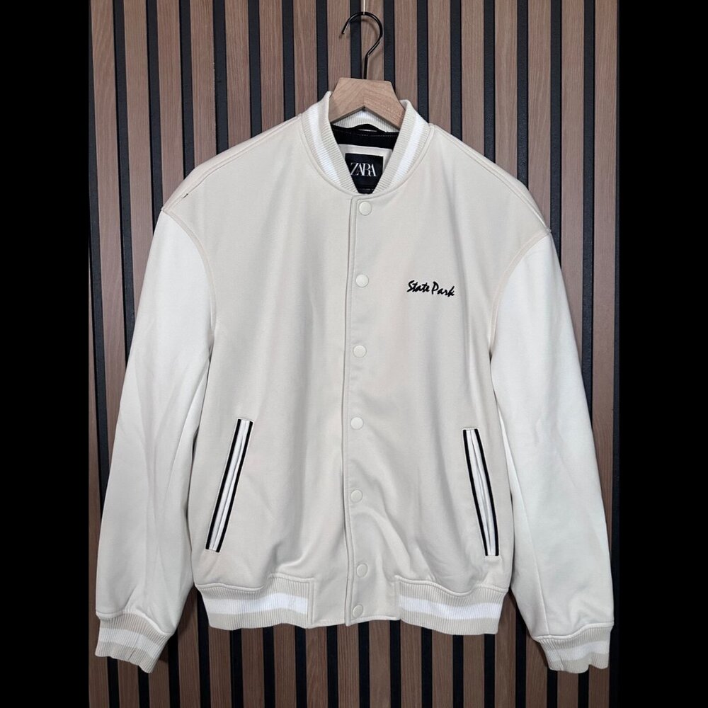 Zara State Park Bomber Jacket Small Womens Ivory Button Snap Embroidered